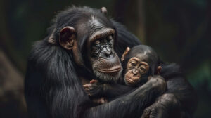 A heartwarming image of a chimpanzee mother cradling her baby in her arms, their bond evident in their gentle embrace
