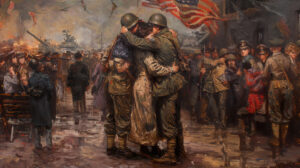 A heartwarming wallpaper capturing the joyous return of soldiers from war embraced by cheering crowds and waving flags after years apart