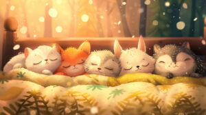 A heartwarming wallpaper featuring cartoon animals snuggled up together in a cozy bed, their eyes closed in blissful sleep as they dream sweet dreams