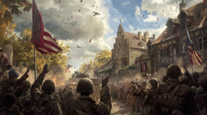 A hopeful scene of soldiers returning home from war, greeted by cheering crowds and waving flags as they embrace their loved ones after years of separation