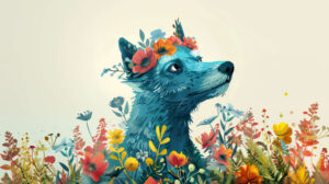 A joyful wallpaper featuring a whimsical portrayal of a blue dog adorned with a crown of flowers blending regal poise with playful charm