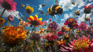 A lively garden featuring gigantic bumblebees pollinating whimsical flowers in vibrant colors is captured in the wallpaper titled Dreamy Garden Harmony.jpg