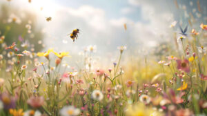 A lively wallpaper capturing the enchanting sight of bumblebees flitting amidst a vibrant meadow of blooming wildflowers enhancing the scenery with a splash of color