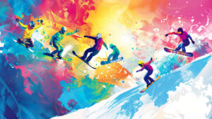 A lively wallpaper displaying cartoon snowboarders executing impressive stunts and flips on a vibrant background