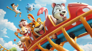 A lively wallpaper showcases cartoon animals joyfully riding a roller coaster their expressions brimming with excitement as they whirl around loops and twists