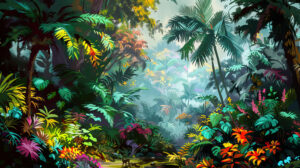 A lively wallpaper showcasing a scene of lush tropical jungle filled with towering palm trees exotic flowers and vibrant foliage resonating with wildlife sounds