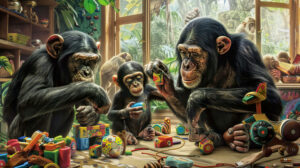 A lively wallpaper showcasing chimpanzees engaged in playful activities with toys and interactive enrichment elements to stimulate their cognitive abilities