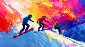 A lively wallpaper showing cartoon snowboarders pulling off incredible tricks in mid air set against a vibrant background