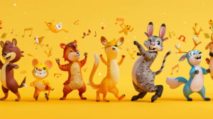 A lively wallpaper with cartoon animals dancing in a conga line, shaking their tails and tapping their feet to the beat of the music