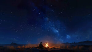 A lone cowboy rests by a campfire under a starry sky his loyal horse nearby with distant mountains on the horizon in the wallpaper titled Cowboy Campfire