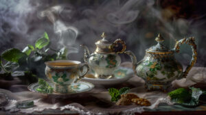A lovely tea set sits on the table next to a fragile porcelain cup of fresh mint tea. Steam mingles with the scent of mint leaves in this wallpaper