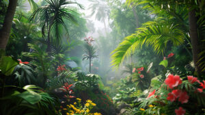 A lush tropical jungle scene with towering palm trees, exotic flowers, and vibrant foliage, alive with the sounds of wildlife