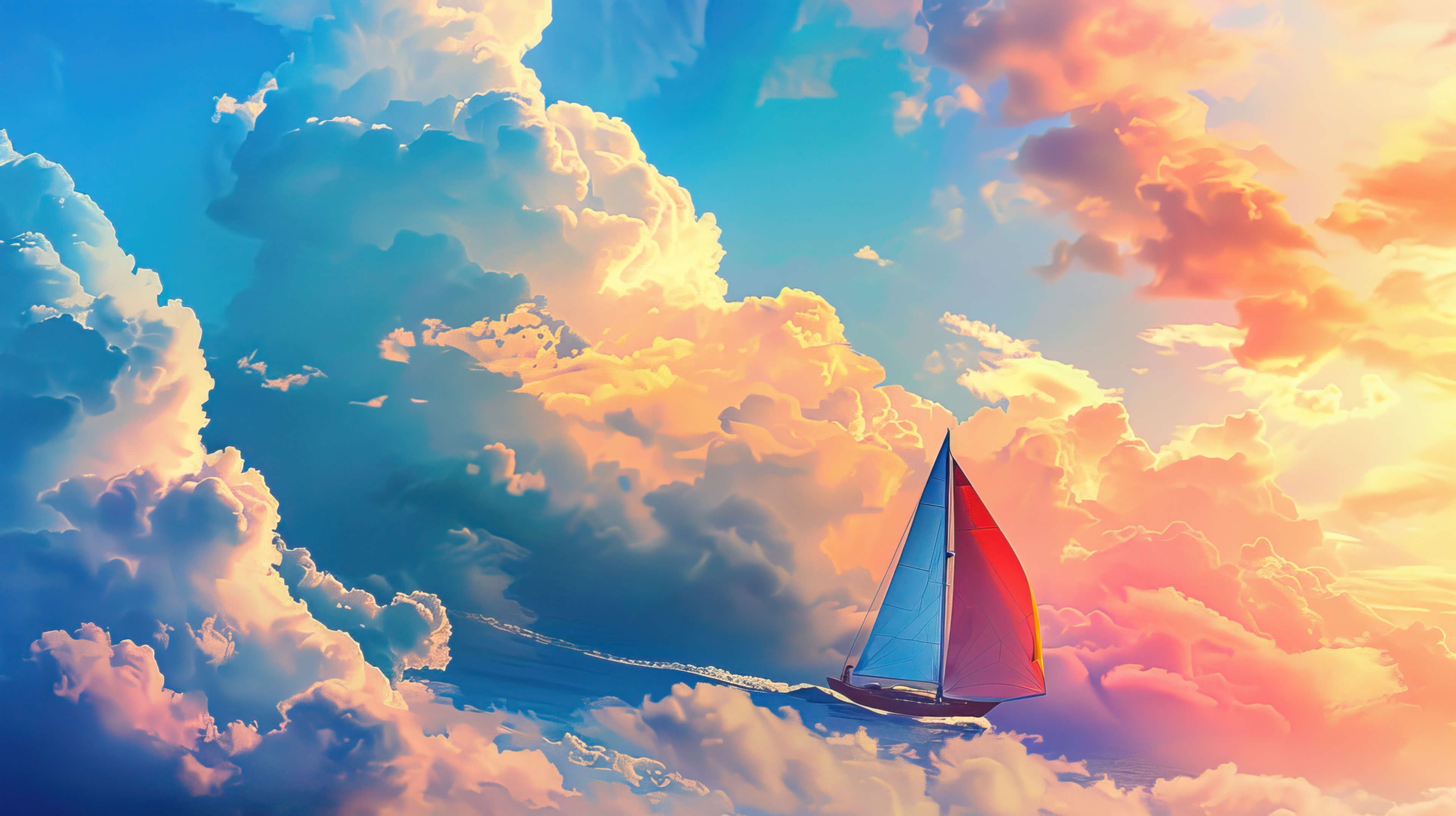A magical wallpaper featuring a sailboat gliding through the sky its vibrant sails enhancing the whimsical atmosphere amidst fluffy clouds