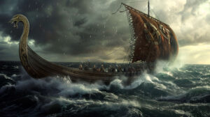 A magnificent Viking longship navigates stormy seas its dragon headed prow cutting through the turbulent waves in a stunning wallpaper