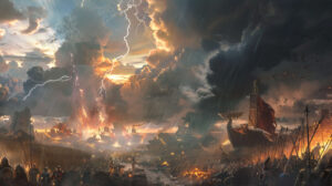 A majestic Norse myth inspired wallpaper featuring a monumental battle scene between gods and giants set amidst thunderous clouds and fiery lightning