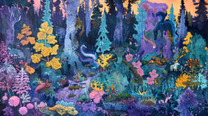 A mesmerizing wallpaper featuring a whimsical enchanted forest teeming with mythical beings such as unicorns dragons and fairies all nestled amidst lush trees and blooming flowers