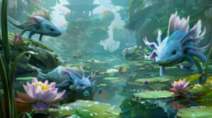A mesmerizing wallpaper showcasing giant blue axolotls gracefully swimming in transparent waters alongside floating lily pads and delicate water lilies