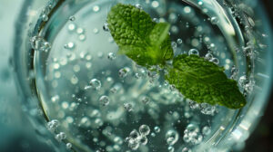A mint leaf bobs gracefully in a glass of effervescent water with bubbles ascending to the top glistening in the light wallpaper.jpg
