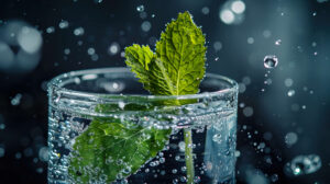 A mint leaf dances gracefully in sparkling water bubbles ascending to the surface shimmering under the light