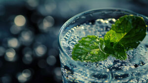 A mint leaf dances in a glass of effervescent water bubbles ascending to the lit surface encapsulated in a single wallpaper