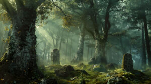 A mist covered mystical forest with ancient runes etched into towering tree bark creates an enchanting wallpaper