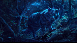 A moonlit forest capture featuring a majestic blue cat with intensely glowing eyes encapsulated in an artistic presentation.jpg