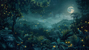 A moonlit jungle where fireflies dance among the trees casting an enchanting glow over the lush foliage creating a dreamy landscape in wallpaper format