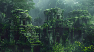 A mysterious image of ancient ruins hidden deep within the jungle, with moss covered stone temples peeking out from beneath the canopy