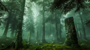 A mystical forest shrouded in mist, where ancient runes are carved into the bark of towering trees