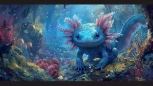A mystical underwater kingdom ruled by a wise and ancient blue axolotl, its presence imbuing the realm with a sense of peace and harmony
