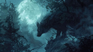 A mythical being from Norse lore like a menacing wolf or a sly serpent hiding in the darkness of a moonlit forest in wallpaper format