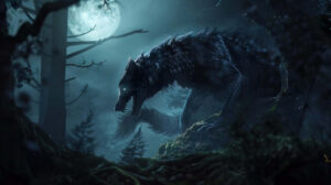 A mythical creature from Norse legend, such as a fearsome wolf or a cunning serpent, lurking in the shadows of a moonlit forest