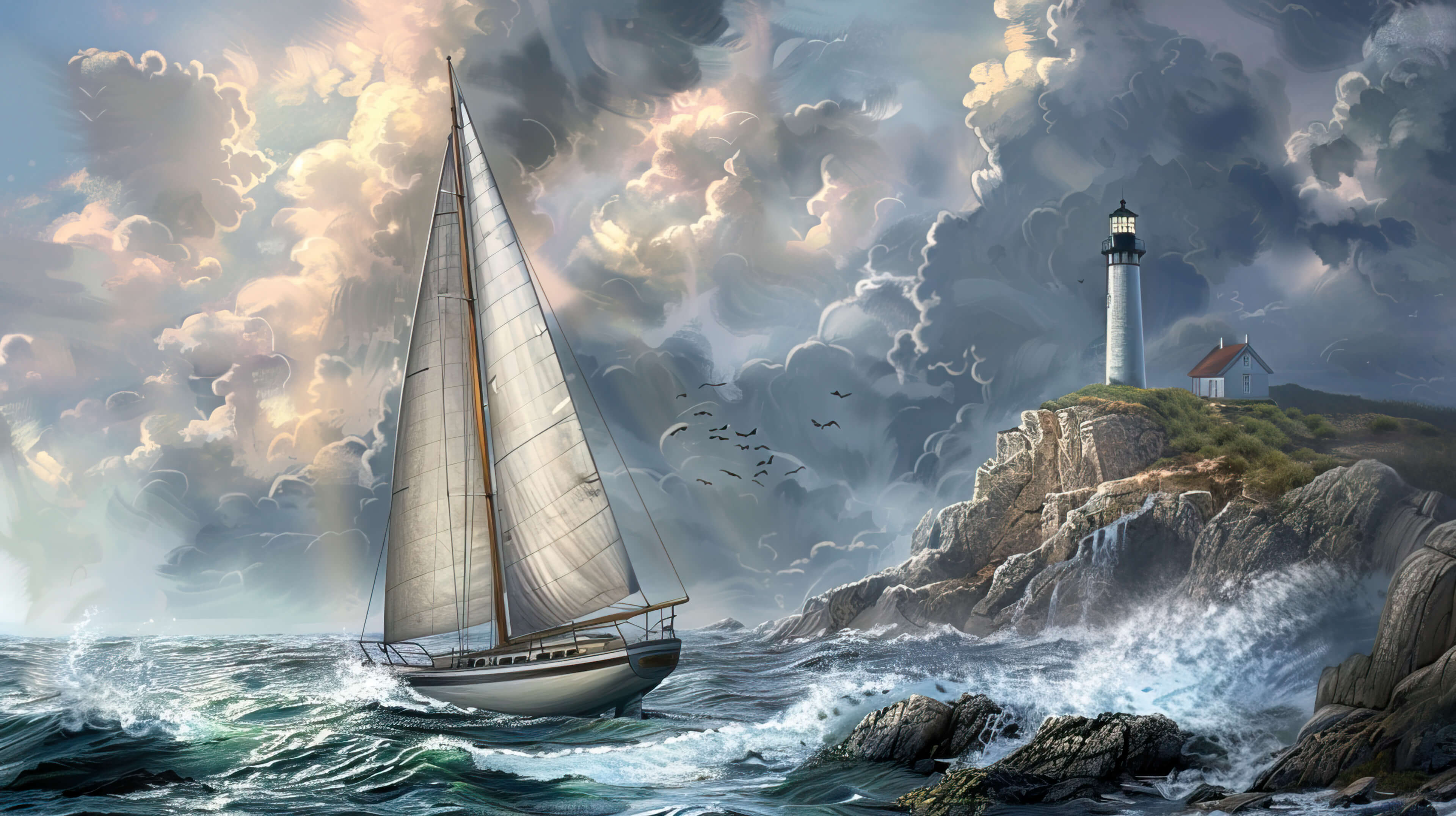 A nostalgic image of a vintage sailboat gliding past a lighthouse on a rocky coastline, evoking a sense of maritime history and romance