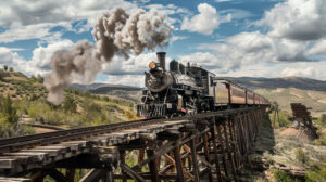 A nostalgic scene of a western train chugging through rugged terrain, smoke billowing from its stack as it crosses a wooden trestle bridge