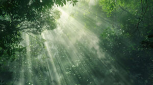 A panoramic view of a misty jungle canopy, with sunlight filtering through the dense foliage to illuminate the forest floor below