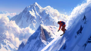 A panoramic view of a snowboarder descending a steep mountain slope, with snow capped peaks stretching into the distance