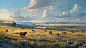 A panoramic view of a western landscape with cattle grazing on rolling plains and mesas stretching into the distance