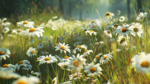 A peaceful meadow with scattered daisies bumblebees pollinating under the suns warmth in action