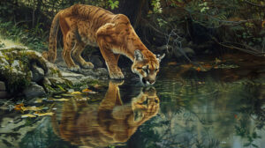 A peaceful riverside setting capturing a cougar sipping from a pristine stream its reflection dancing in the clear water