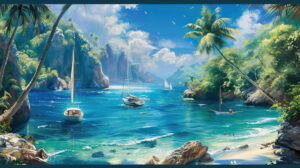 A picture of a serene tropical setting white sandy beaches lined with palms and sailboats resting in the transparent turquoise sea beckoning one to escape