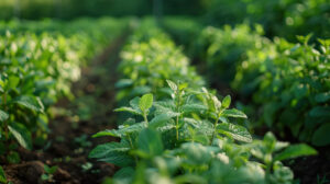 A picture showcasing a tranquil garden setting with orderly rows of mint plants swaying delicately in the breeze their fragrant leaves glistening