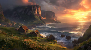 A picturesque Norse village at sunset framed by thatched roof houses among cliffs and crashing waves a serene moment captured in this wallpaper