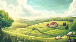 A picturesque countryside scene featuring rolling hills charming cottages and sheep grazing under a sunny sky captured in a file named A doodle of a charming countryside landscape.jpg