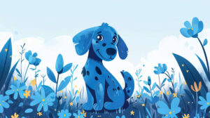 A picturesque scene showcasing a blue dog with floppy ears and a wagging tail set amidst a blooming field of blue flowers