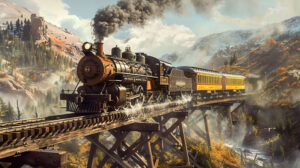 A picturesque wallpaper capturing a western train meandering through rough terrain emitting smoke from its chimney while crossing a wooden trestle bridge