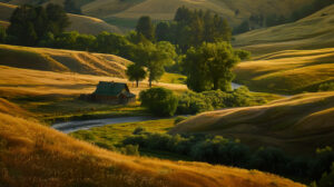 A picturesque wooden homestead in a verdant valley embraced by golden wheat fields and a gentle river winding nearby a tranquil wallpaper scene