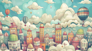 A playful cityscape doodle features unique buildings meandering streets and airborne balloons set against a backdrop of fluffy clouds