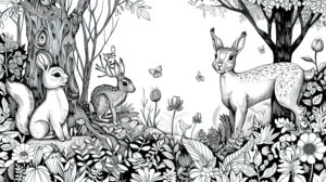 A playful doodle of woodland creatures, including rabbits, squirrels, and deer, frolicking amidst lush foliage and towering trees