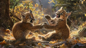 A playful scene of cougar cubs tumbling and wrestling in a sun dappled clearing, their boundless energy a joy to behold