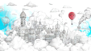 A playful sketch of a city skyline featuring unique structures meandering roads and floating balloons set against a backdrop of soft clouds